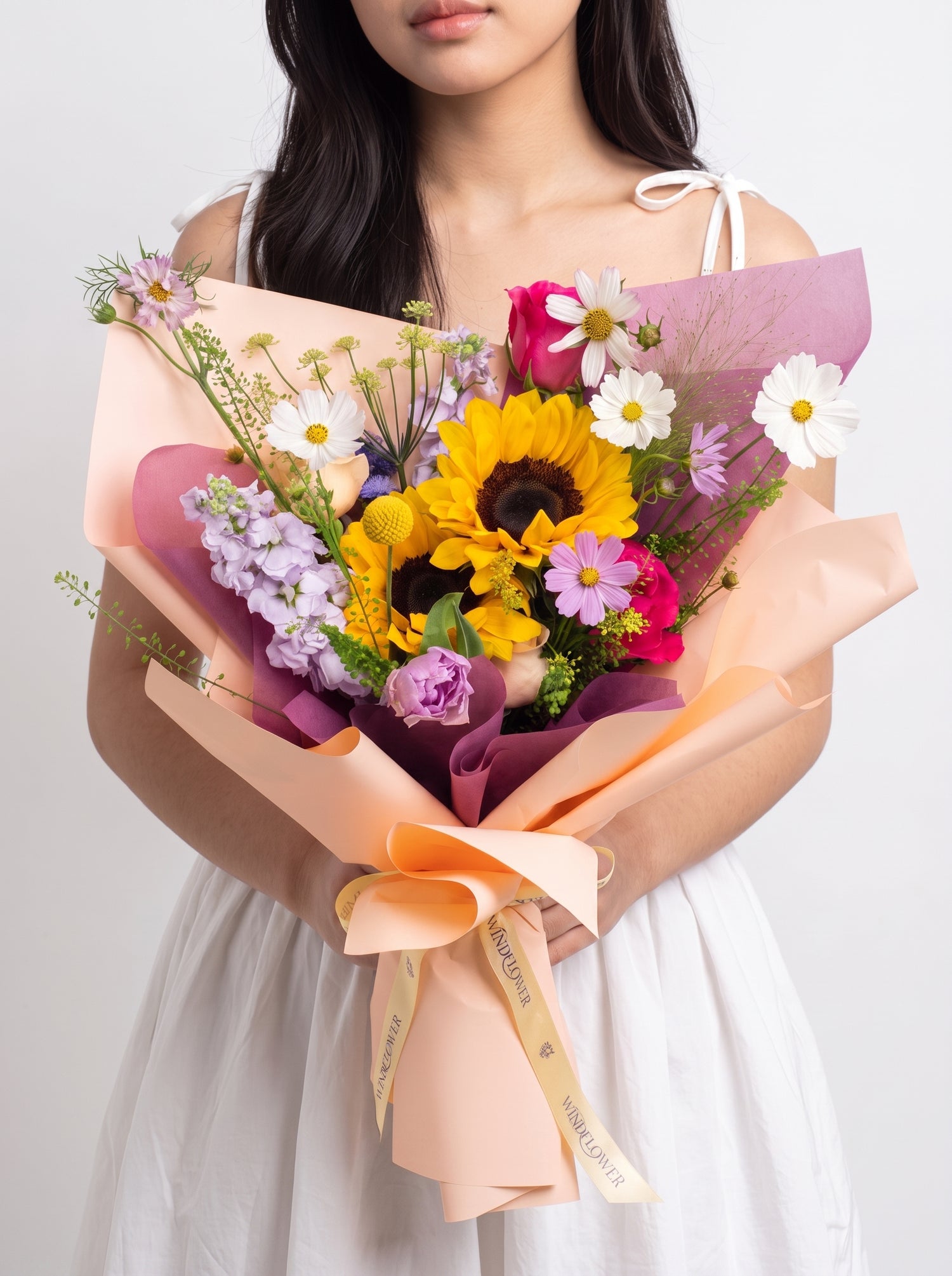 Sunshine Situation bouquet with white and lilac cosmos