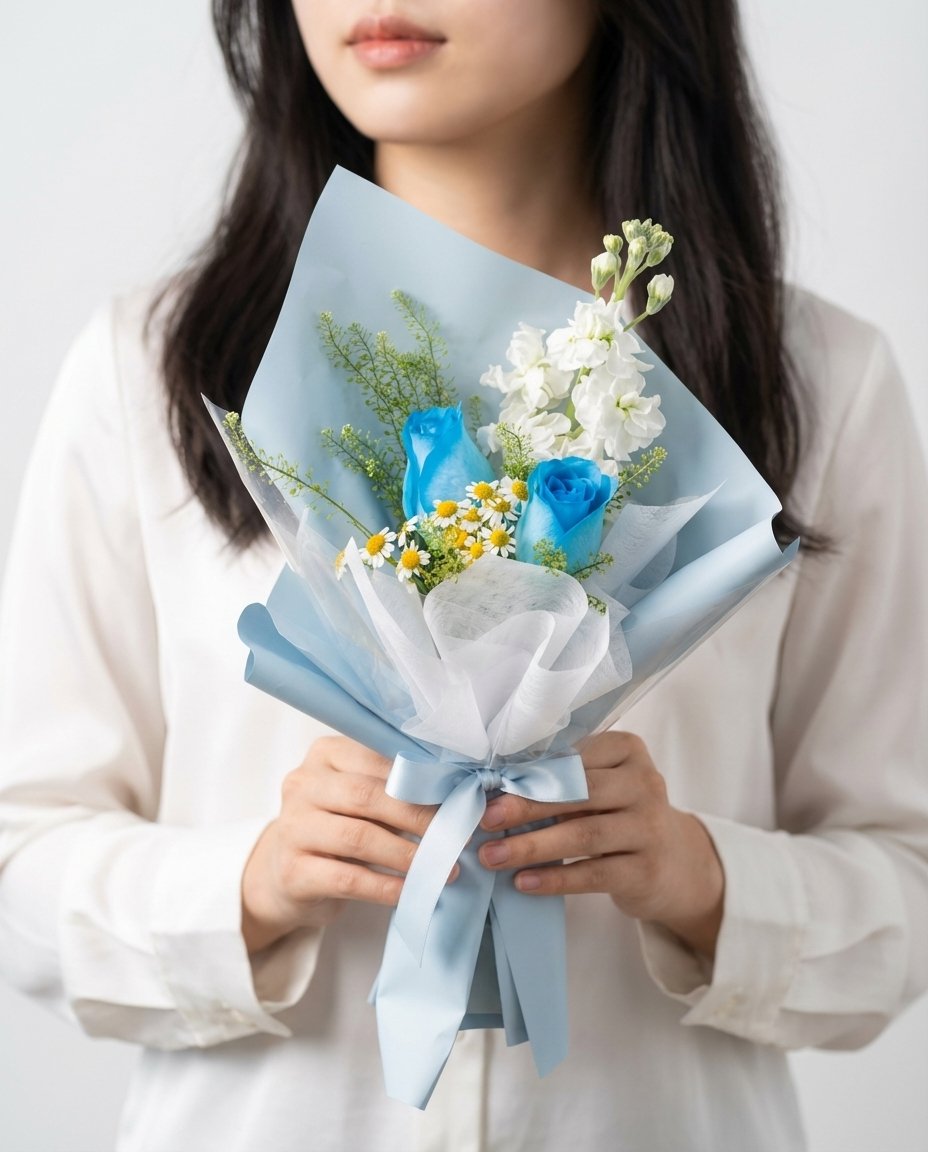 Azure Rosette Hand Bouquet — blue roses, white matthiola, chamomile, caspia | Windflower Florist Singapore