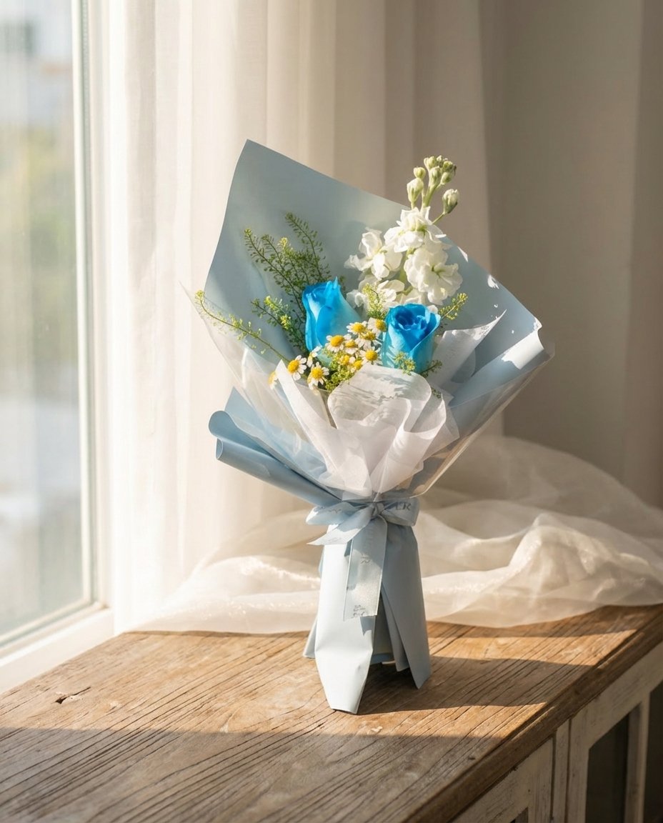 Azure Rosette Hand Bouquet — blue roses, white matthiola, chamomile, caspia | Windflower Florist Singapore