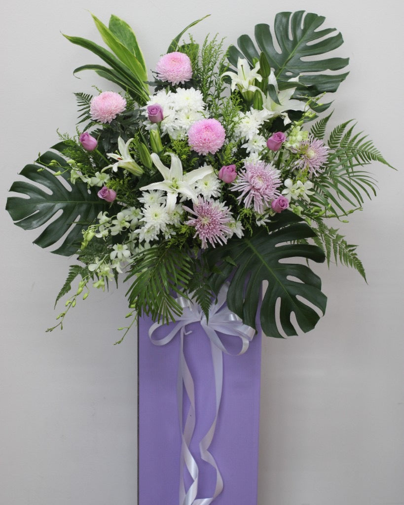 Blush Reverence Condolence Flower Stand — White Lilies, Lavender Chrysanthemums, Mauve Roses, Orchids | Free Same-Day Delivery Singapore