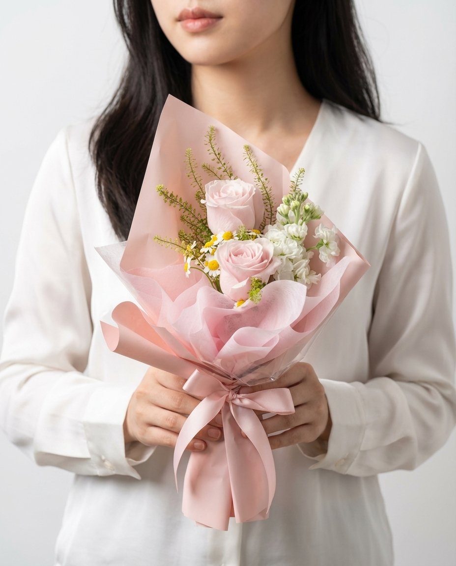 Blush Rosette Hand Bouquet — blush pink roses, white matthiola, chamomile, caspia | Windflower Florist Singapore