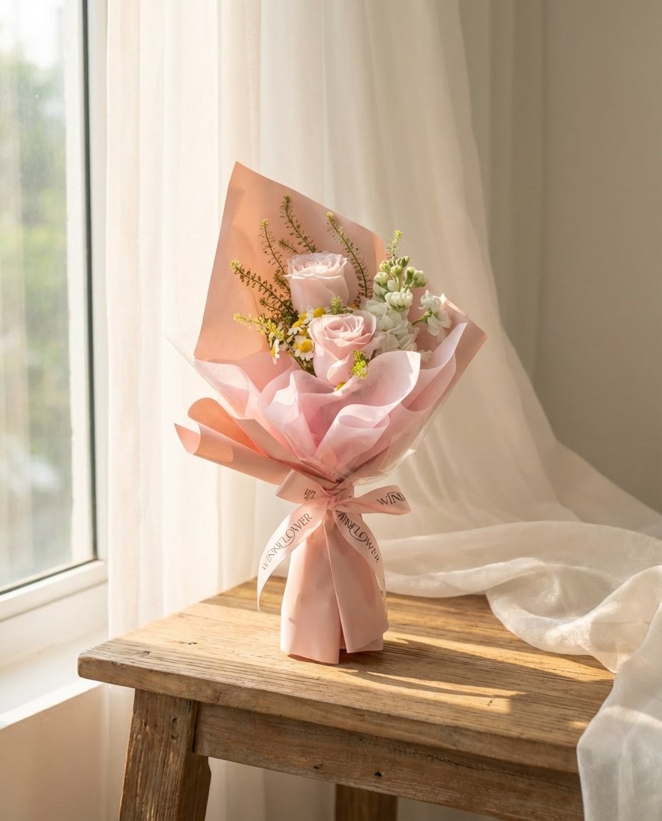 Blush Rosette Hand Bouquet — blush pink roses, white matthiola, chamomile, caspia | Windflower Florist Singapore
