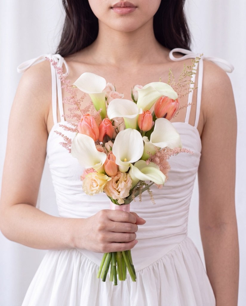 Blushing Calla & Tulip Bridal Bouquet — White Calla Lilies, Peach Tulips, Astilbe, And Lisianthus | Windflower Florist Singapore