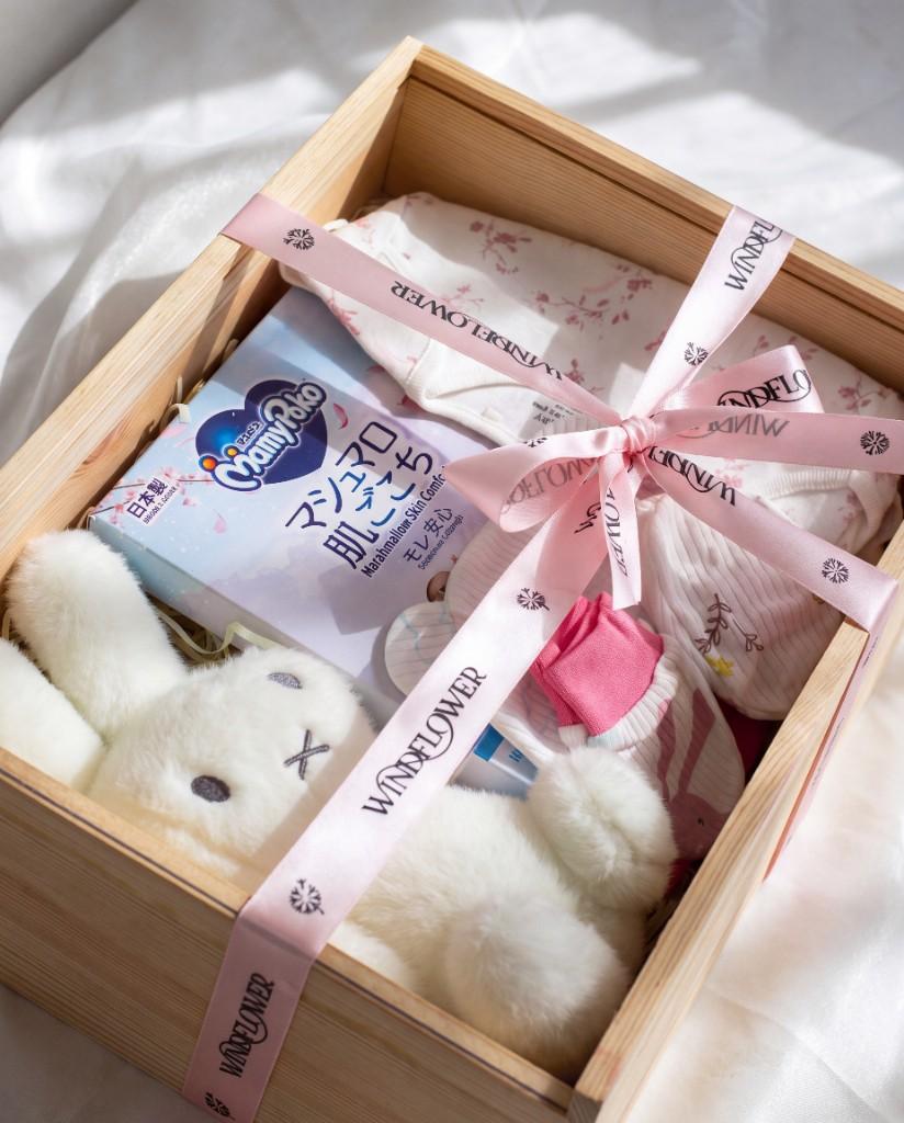 Bunny Snuggles newborn gift set with plush bunny, diapers and baby essentials