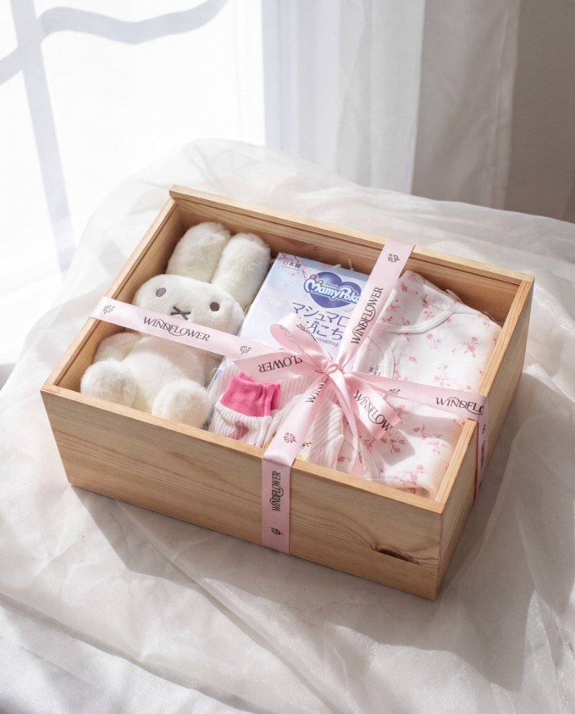 Bunny Snuggles baby hamper with white plush bunny, MamyPoko diapers, floral bodysuit and pink socks in a Windflower wooden crate