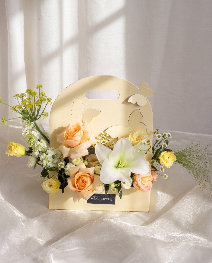 Buttercream Flower Box — Cream butterfly flower box with white lily | Windflower Florist Singapore
