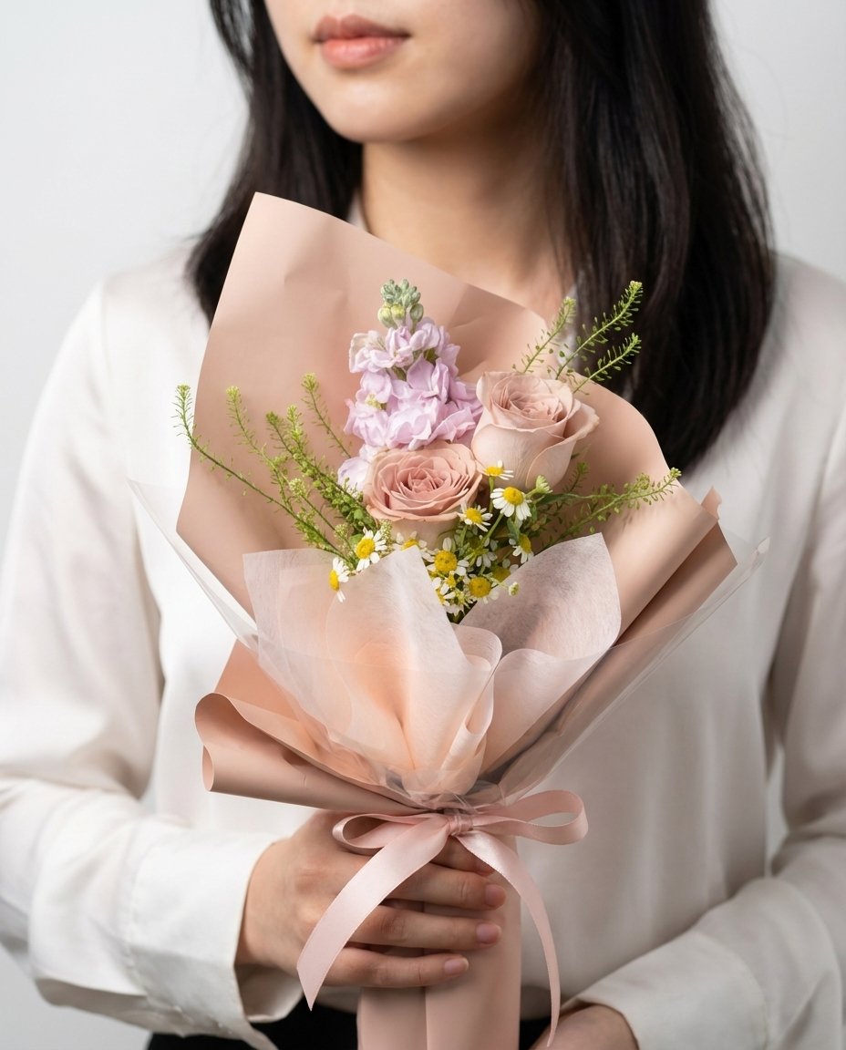 Cappuccino Rosette Hand Bouquet — cappuccino roses, lavender matthiola, chamomile, caspia | Windflower Florist Singapore
