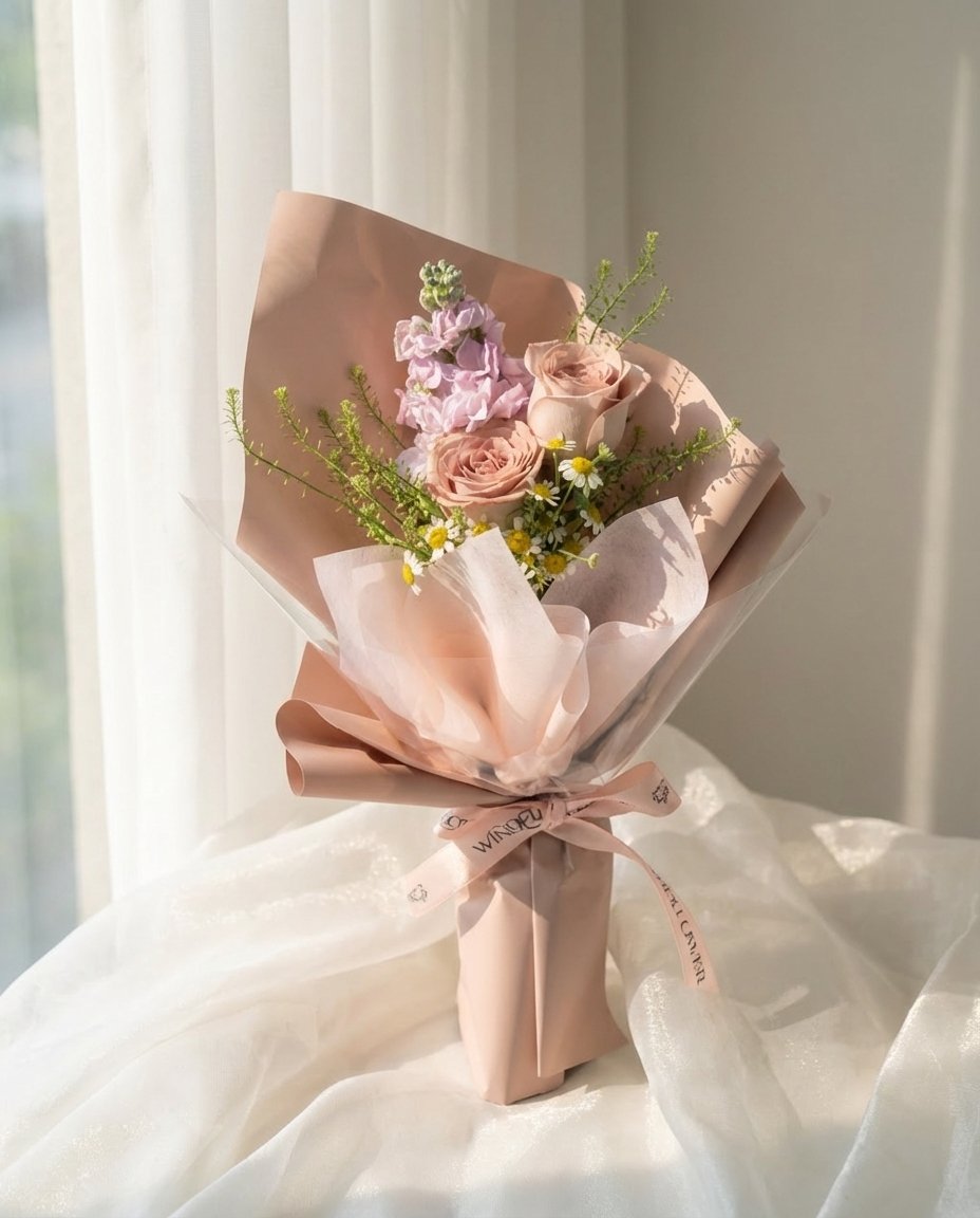 Cappuccino Rosette Hand Bouquet — cappuccino roses, lavender matthiola, chamomile, caspia | Windflower Florist Singapore