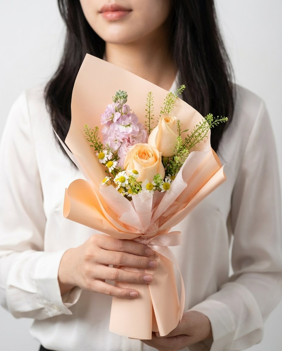 Champagne Rosette Hand Bouquet — champagne roses, lavender matthiola, chamomile, caspia | Windflower Florist Singapore