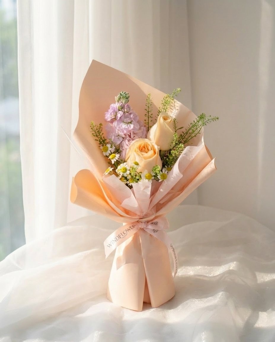 Champagne Rosette Hand Bouquet — champagne roses, lavender matthiola, chamomile, caspia | Windflower Florist Singapore