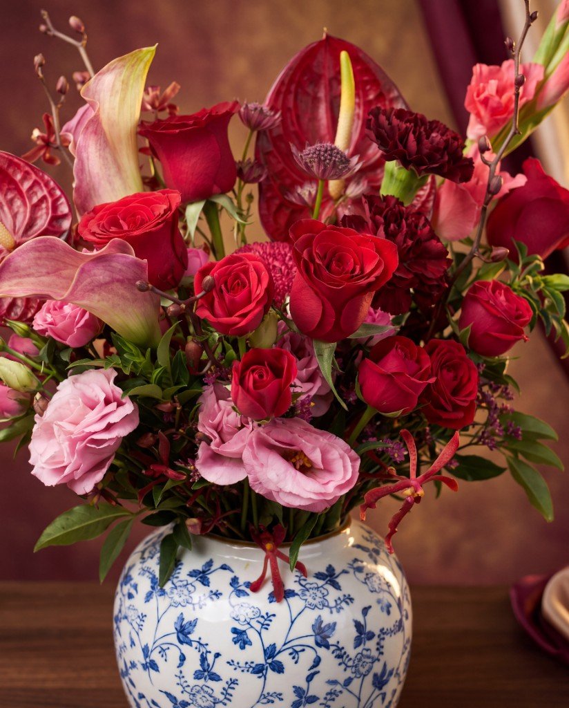 Crimson Porcelain — Blue-and-white porcelain vase with crimson flowers | Windflower x Ding Mooncake