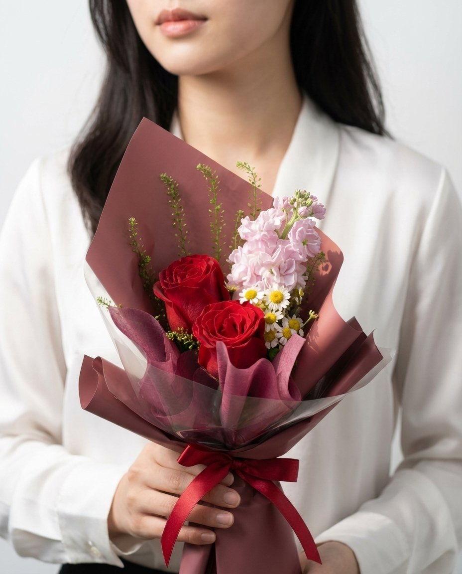 Crimson Rosette Hand Bouquet — red roses, pink matthiola, chamomile, caspia | Windflower Florist Singapore