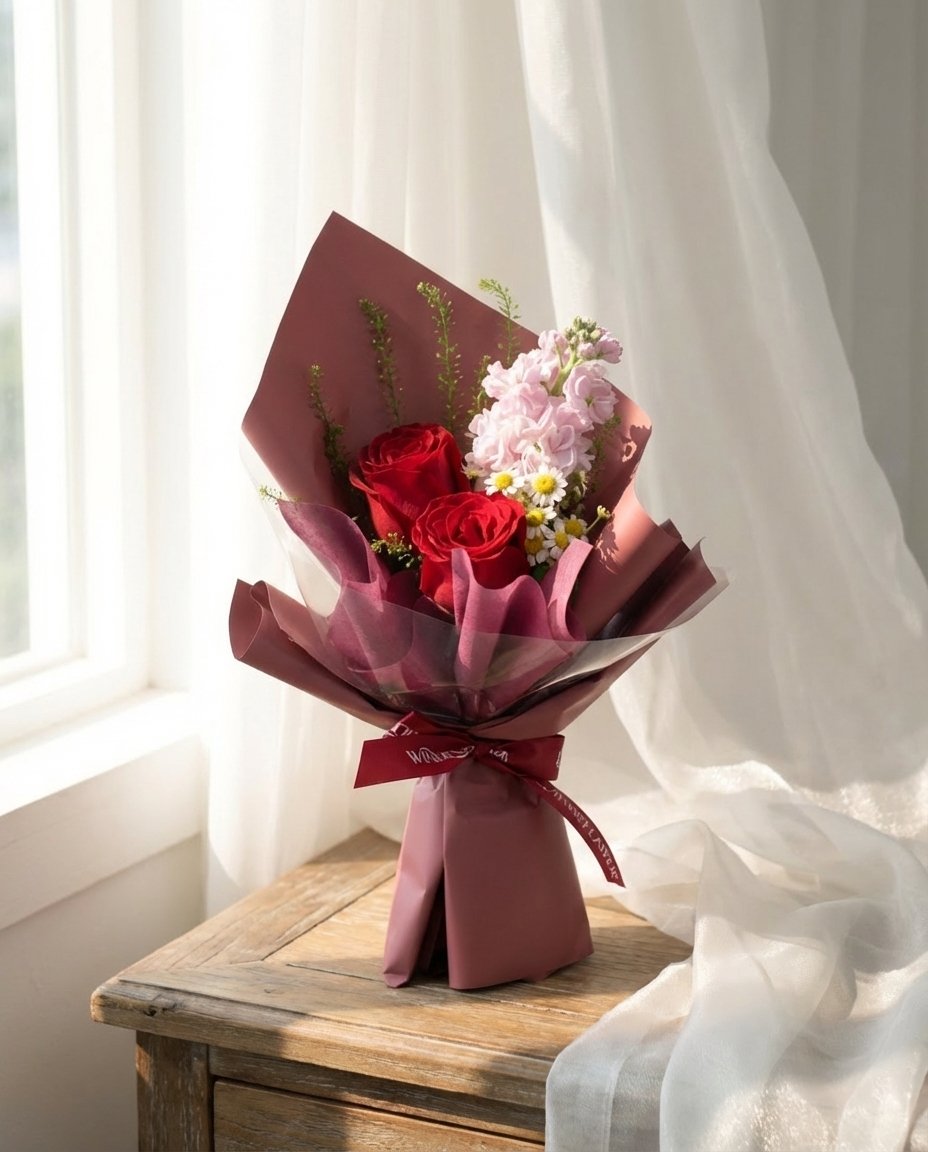 Crimson Rosette Hand Bouquet — red roses, pink matthiola, chamomile, caspia | Windflower Florist Singapore