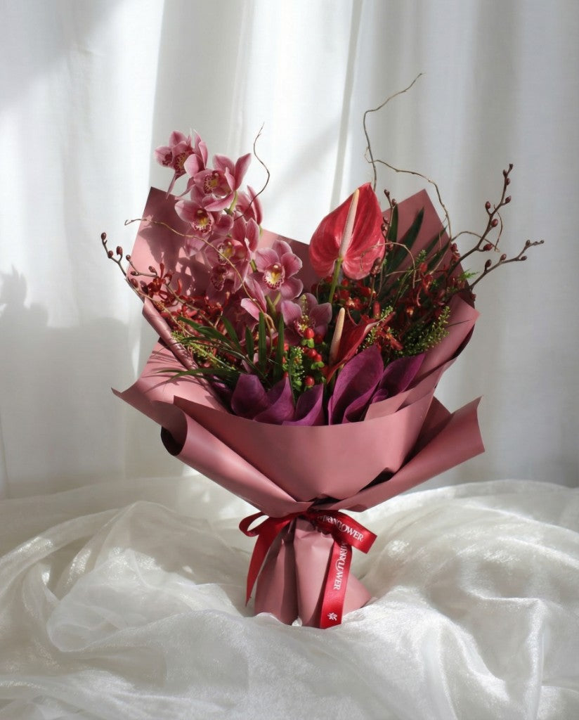 Cymbidium Blush Orchid Bouquet — Pink Cymbidium and Anthurium | Windflower Florist Singapore
