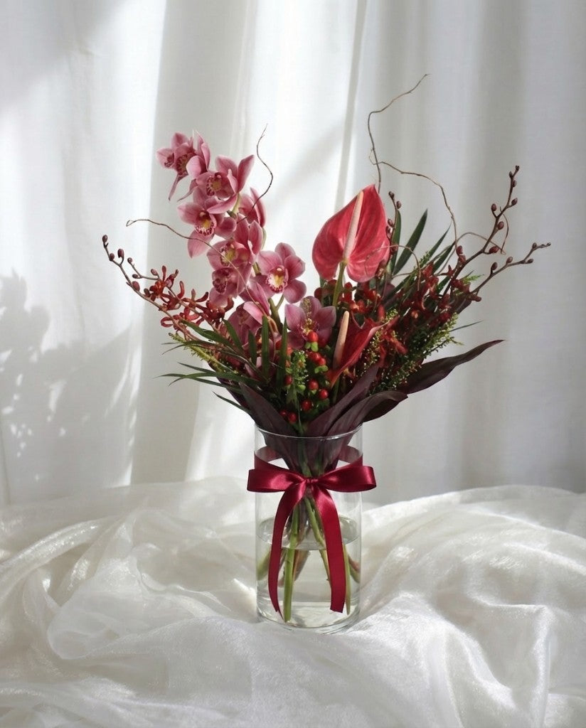 Cymbidium Blush Vase Arrangement — Pink Cymbidium and Anthurium | Windflower Florist Singapore