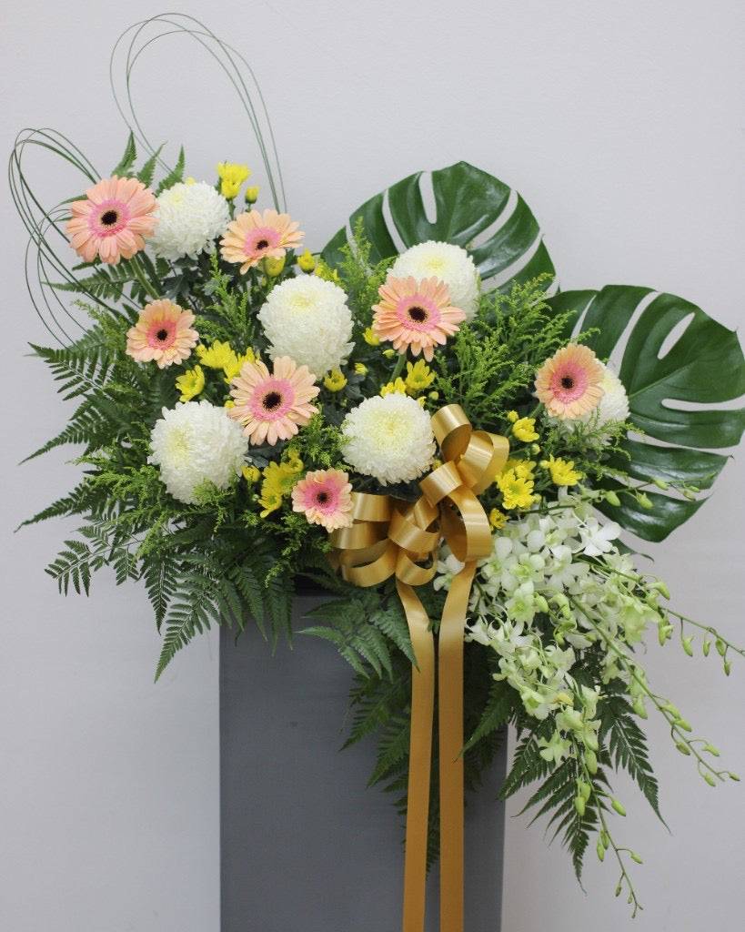 Delicate Blush Condolence Flower Stand — Pink Gerberas, White Chrysanthemums, Dendrobium Orchids | Free Same-Day Delivery Singapore