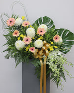 Delicate Blush Condolence Flower Stand — Pink Gerberas, White Chrysanthemums, Dendrobium Orchids | Free Same-Day Delivery Singapore