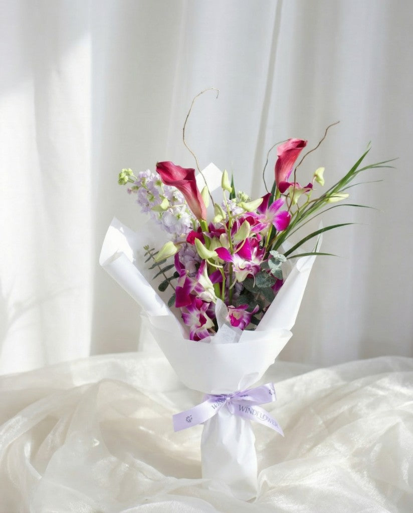 Dendrobium Grace Orchid Bouquet — Purple Dendrobium and Calla Lily | Windflower Florist Singapore