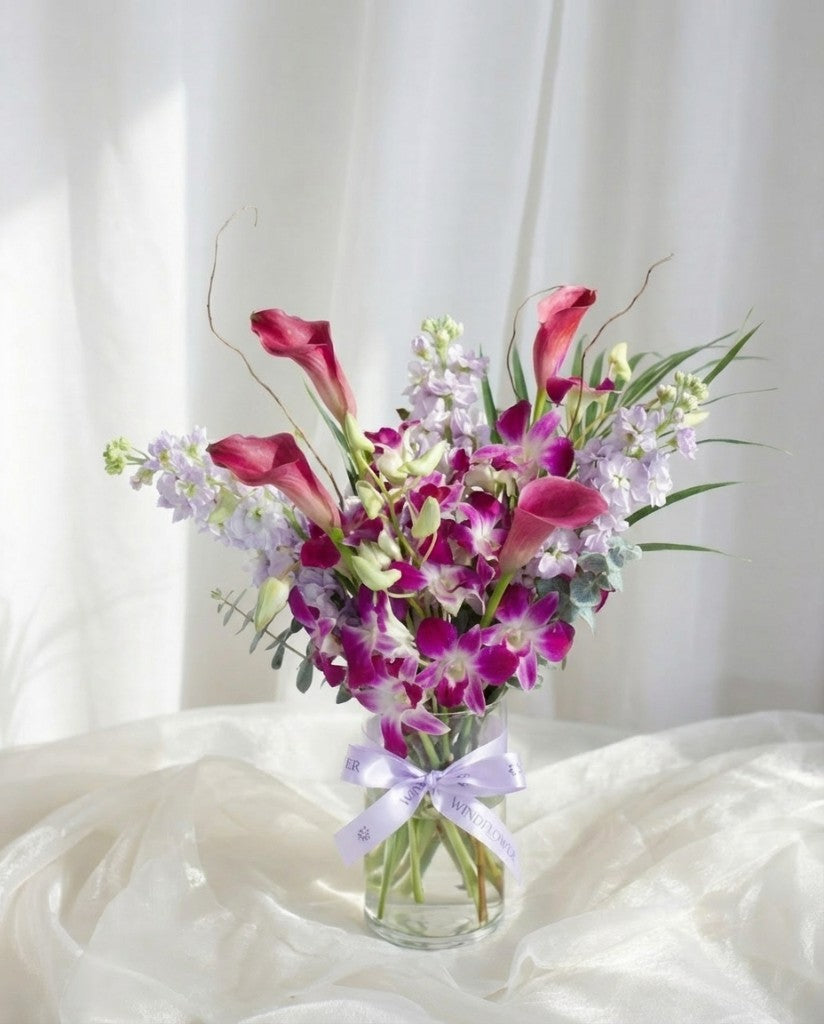 Dendrobium Grace Orchid Bouquet — Purple Dendrobium and Calla Lily | Windflower Florist Singapore