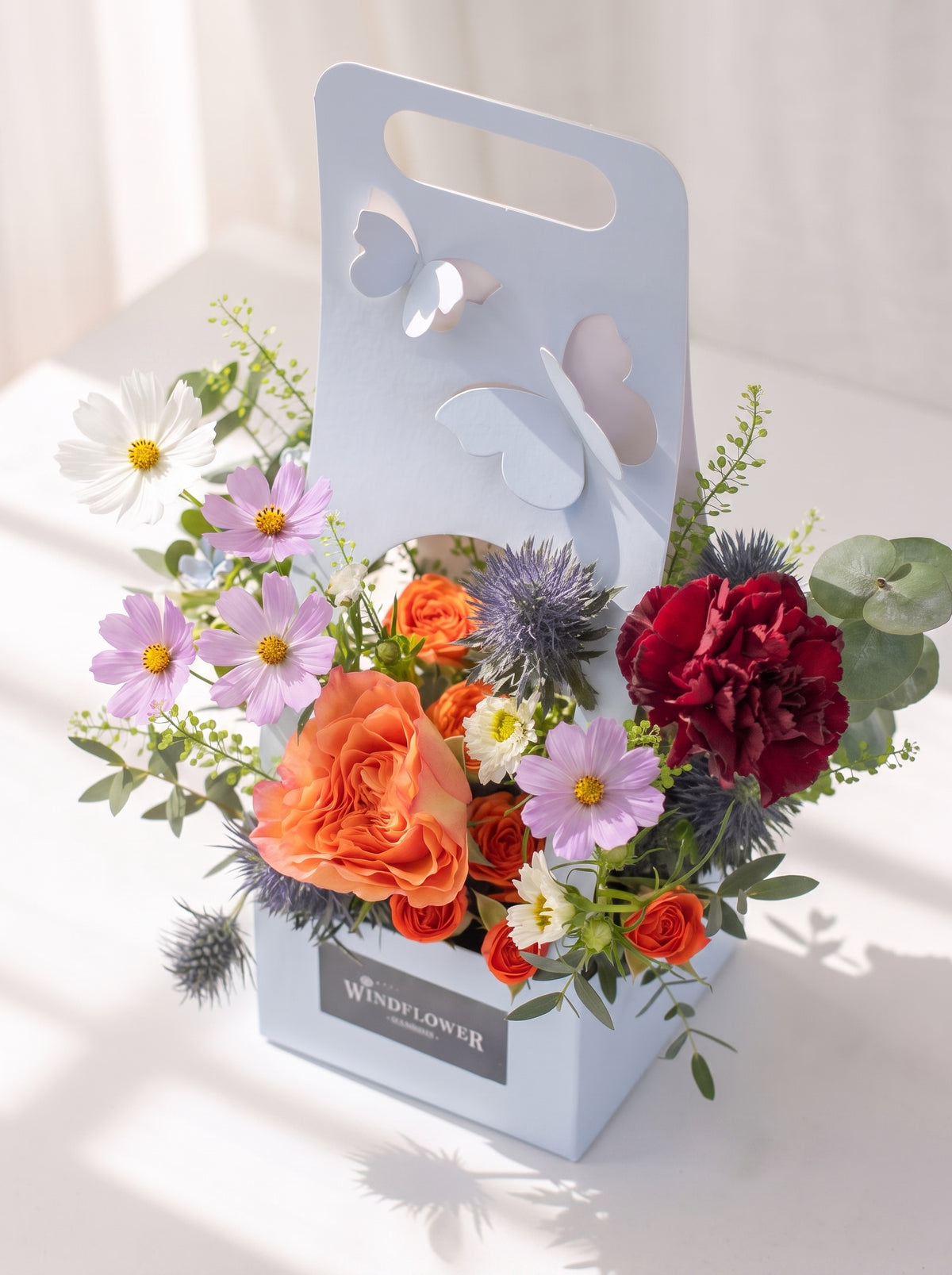 Tiny Garden Club box with white and lilac cosmos