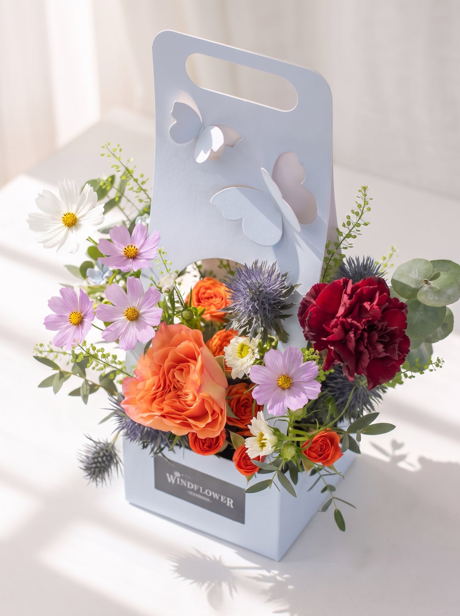 Tiny Garden Club box with white and lilac cosmos