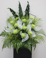 Emerald Serenity Condolence Flower Stand — Green Spider Chrysanthemums, Bird'S Nest Fern, Palm Foliage | Free Same-Day Delivery Singapore