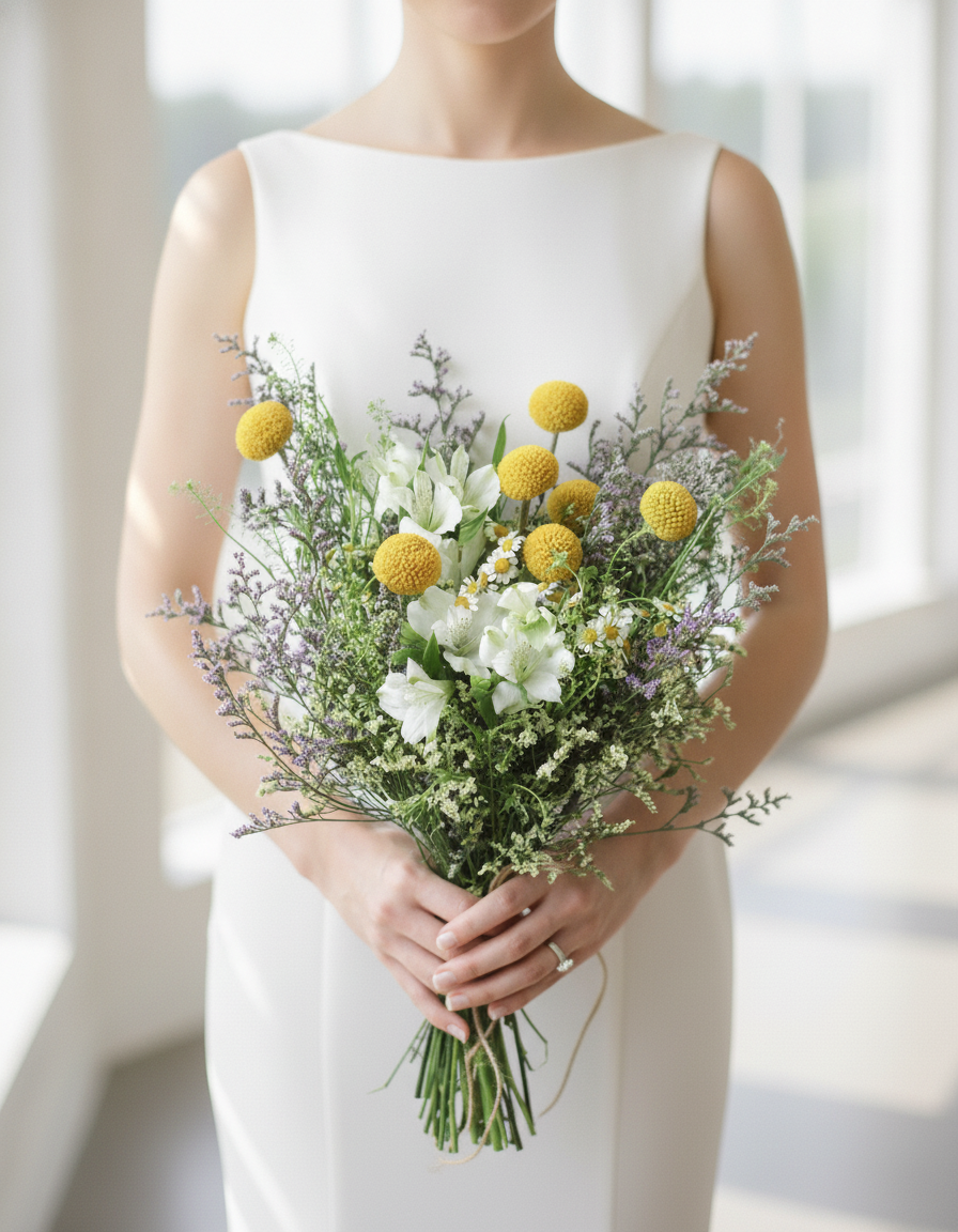 Modern bride holding the Meadows Bridal Bouquet