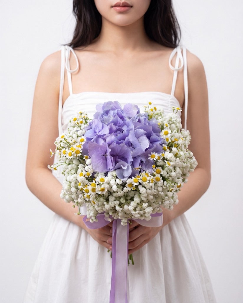 Garden Romance Hydrangea Bridal Bouquet — Purple Hydrangea, Baby's Breath & Chamomile | Windflower Florist Singapore