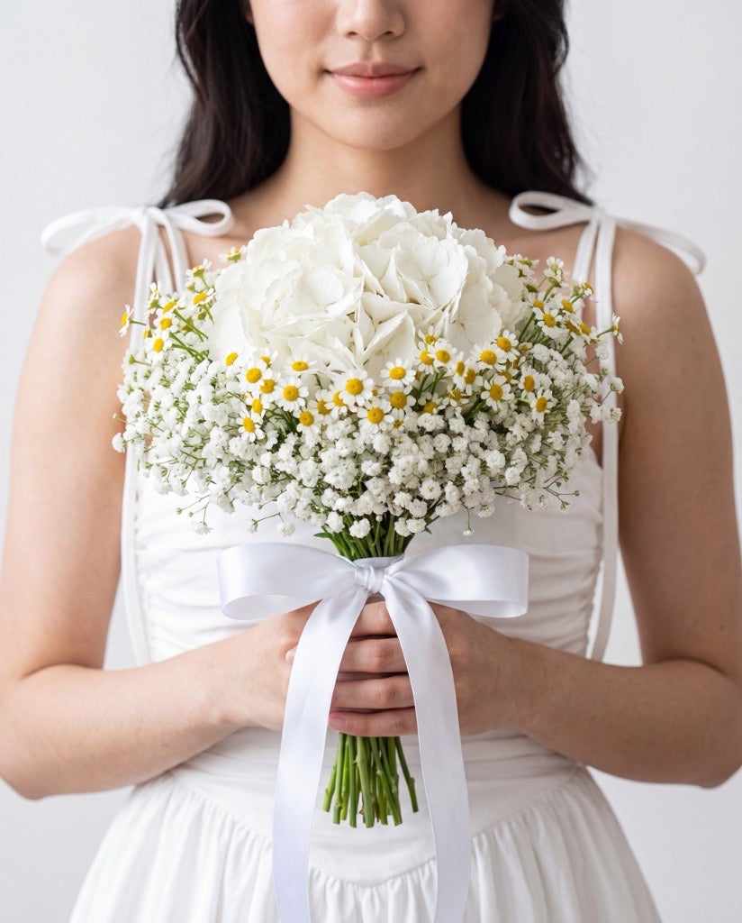 Garden Romance Hydrangea Bridal Bouquet — White Hydrangea, Baby's Breath & Chamomile | Windflower Florist Singapore