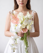 Graceful Cascade Orchid & Calla Lily Bridal Bouquet — White Phalaenopsis Orchids, Peach Anthuriums, Calla Lilies, Roses, And Green Amaranthus | Windflower Florist Singapore