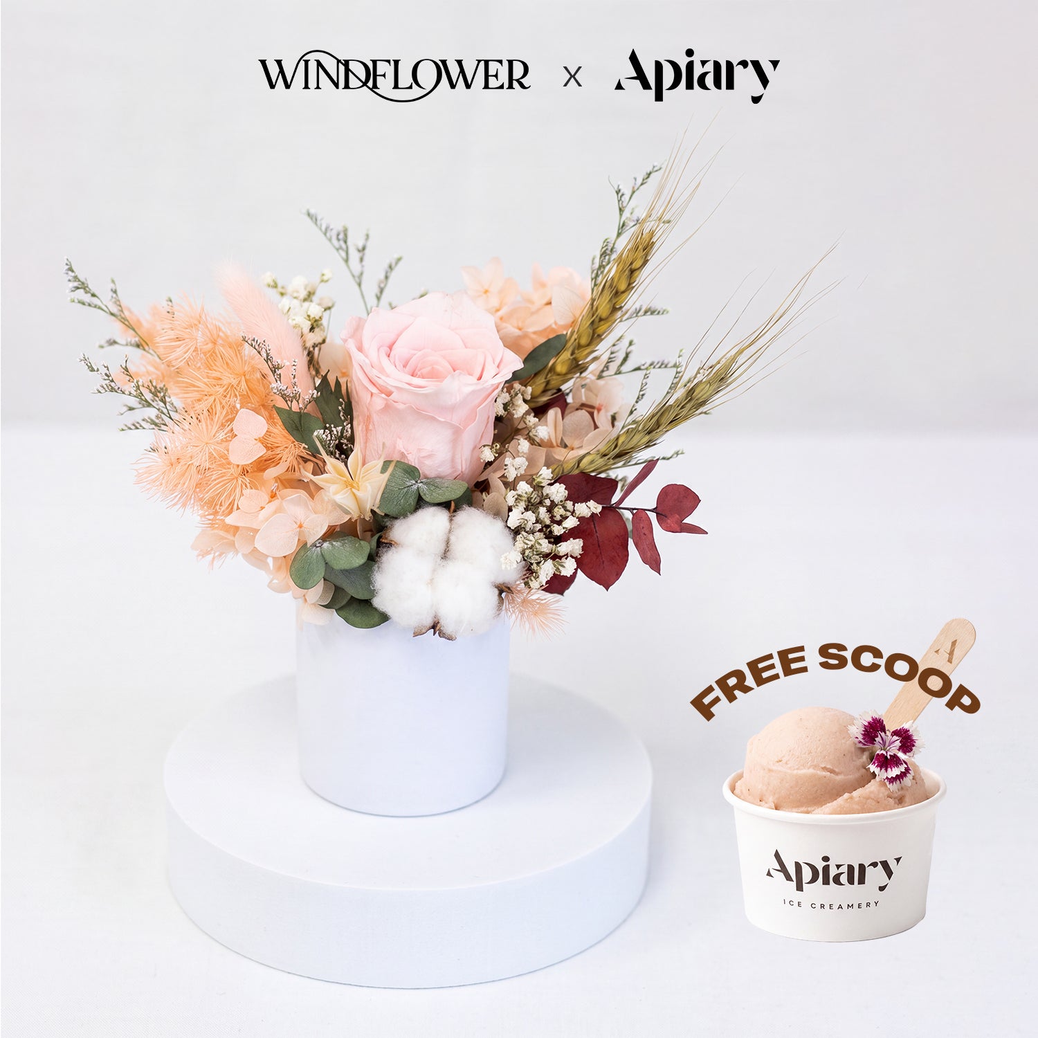 Windflower x Apiary Guava Blush Preserved Rose Box with a free Apiary scoop