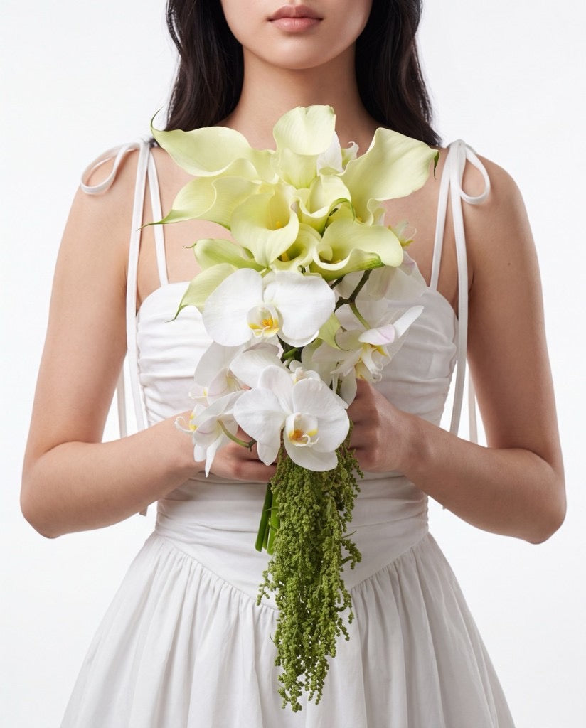 Ivory Cascade Orchid & Calla Lily Bridal Bouquet — White Calla Lilies, White Phalaenopsis Orchids, And Green Amaranthus | Windflower Florist Singapore