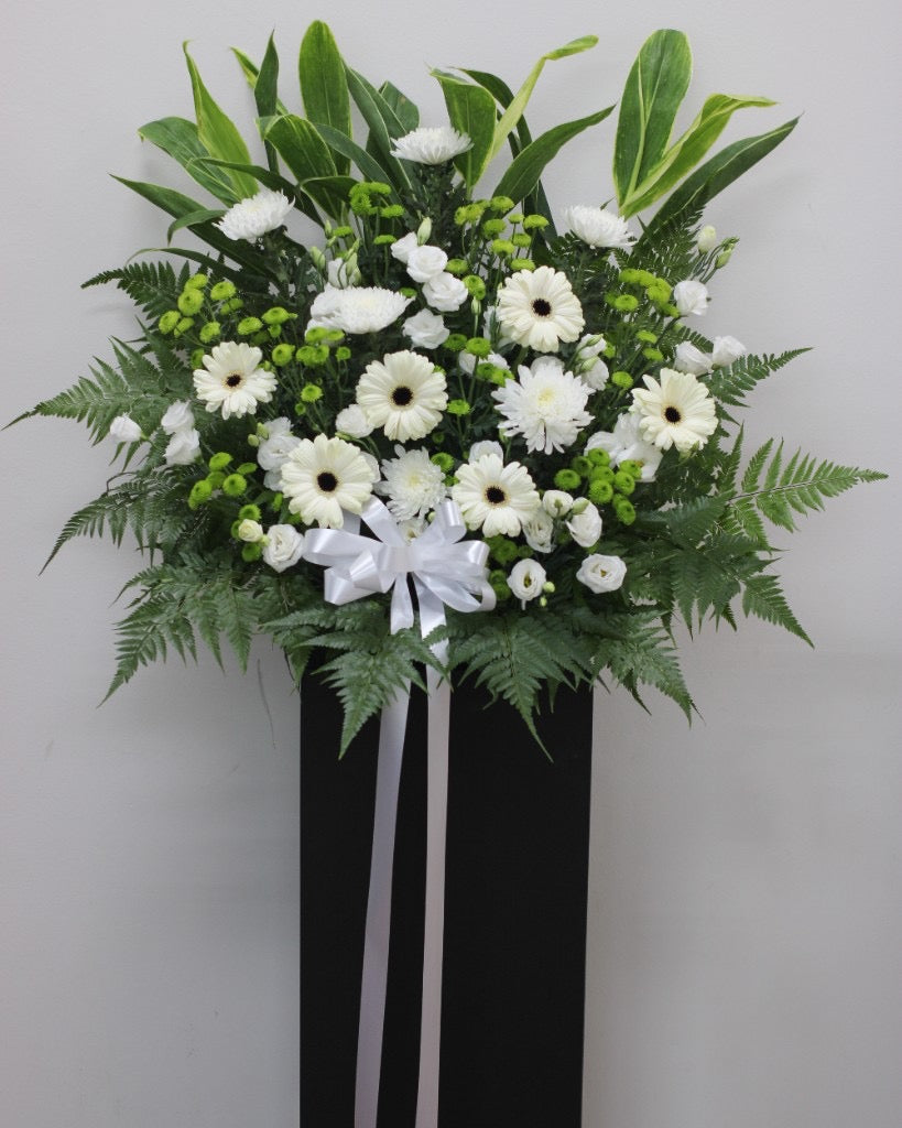 Ivory Comfort Condolence Flower Stand — White Gerberas, White Chrysanthemums, White Lisianthus | Free Same-Day Delivery Singapore