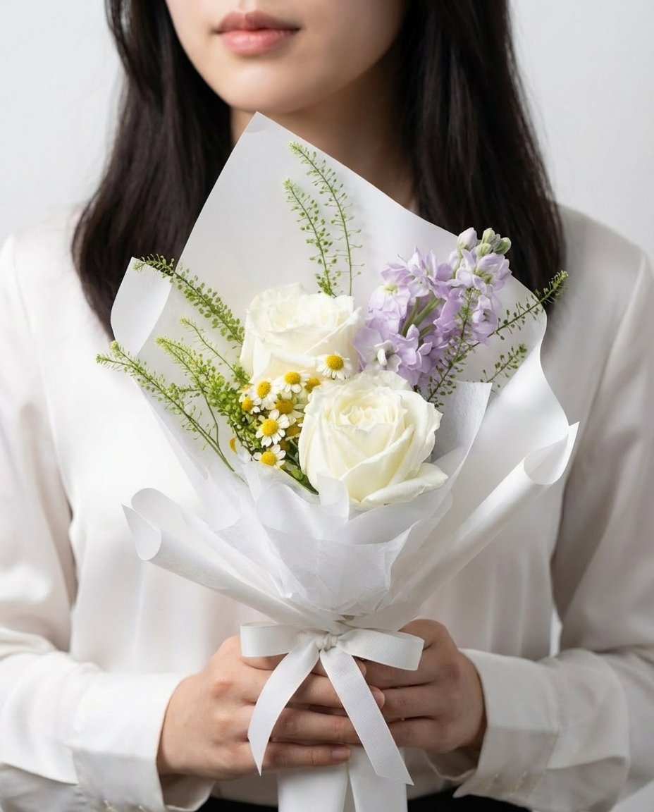 Ivory Rosette Hand Bouquet — white roses, lavender matthiola, chamomile, caspia | Windflower Florist Singapore