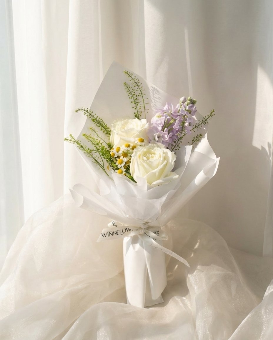 Ivory Rosette Hand Bouquet — white roses, lavender matthiola, chamomile, caspia | Windflower Florist Singapore