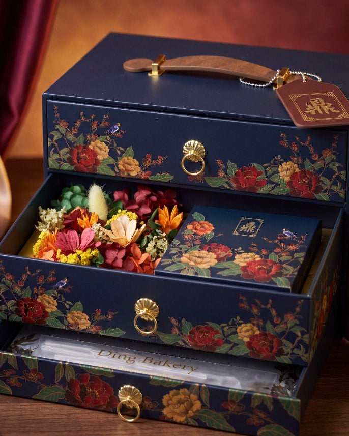 Lantern Chest — Navy Ding mooncake chest with floral drawer | Windflower x Ding Mooncake