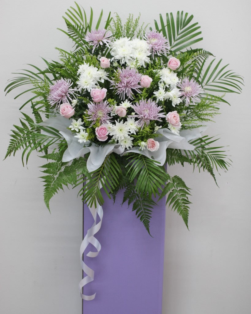 Lavender Grace Condolence Flower Stand — Lavender Spider Chrysanthemums, White Chrysanthemums, Pink Roses | Free Same-Day Delivery Singapore
