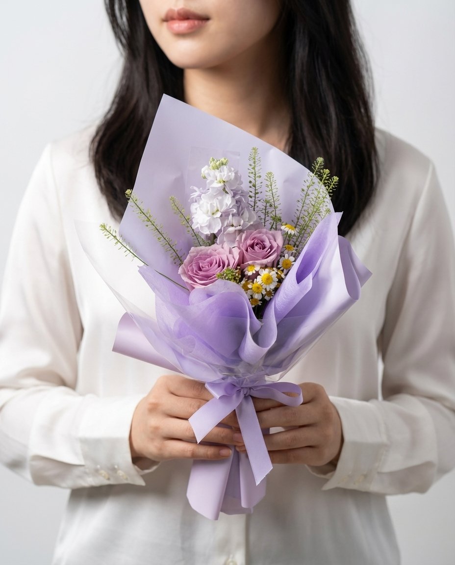 Lavender Rosette Hand Bouquet — purple roses, white matthiola, chamomile, caspia | Windflower Florist Singapore