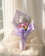 Lavender Rosette Hand Bouquet — purple roses, white matthiola, chamomile, caspia | Windflower Florist Singapore