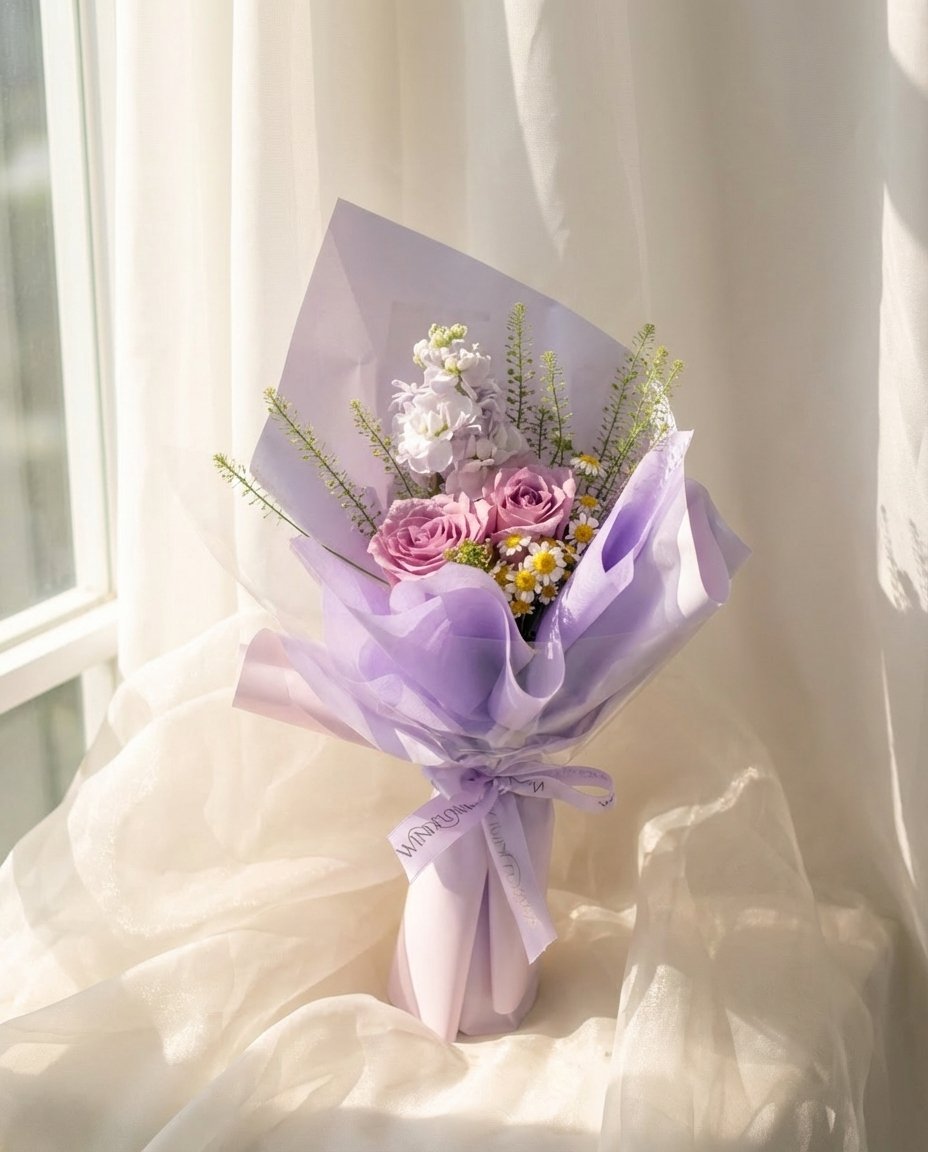 Lavender Rosette Hand Bouquet — purple roses, white matthiola, chamomile, caspia | Windflower Florist Singapore