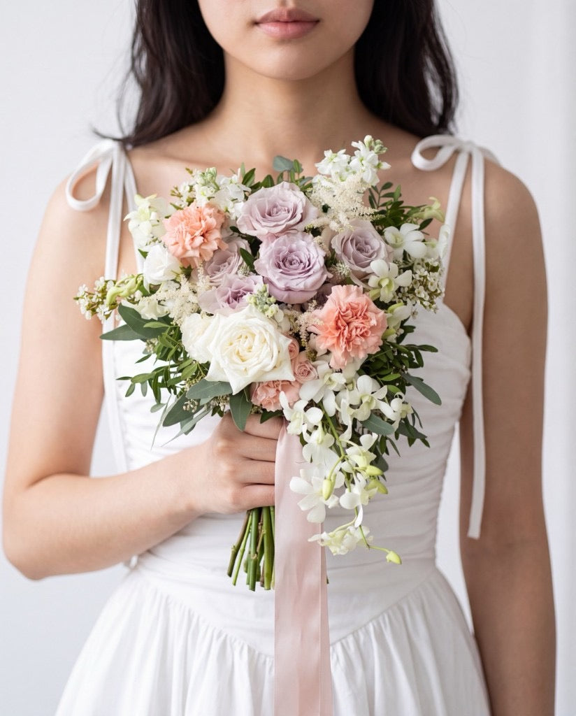 Lilac Garden Rose & Orchid Bridal Bouquet — Dusty Lilac Roses, Peach Carnations, White Dendrobium Orchids, Astilbe, And Eucalyptus | Windflower Florist Singapore