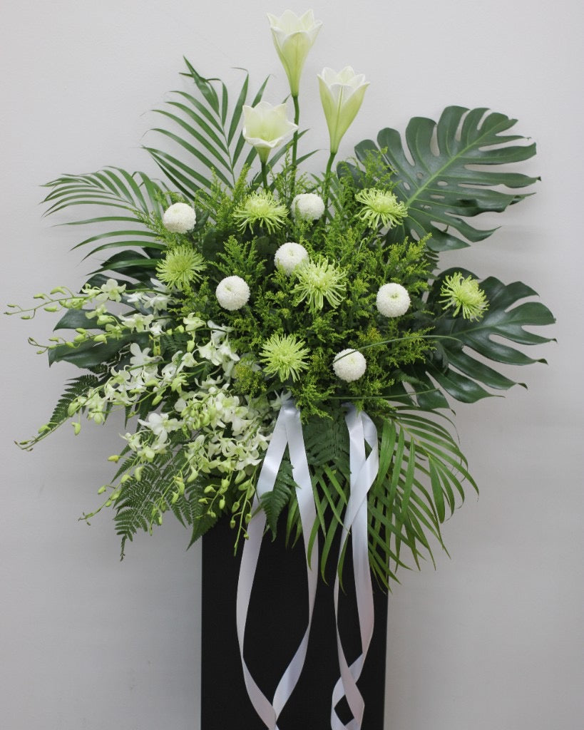 Luminous Lily Condolence Flower Stand — White Lilies, Spider Chrysanthemums, Dendrobium Orchids | Free Same-Day Delivery Singapore