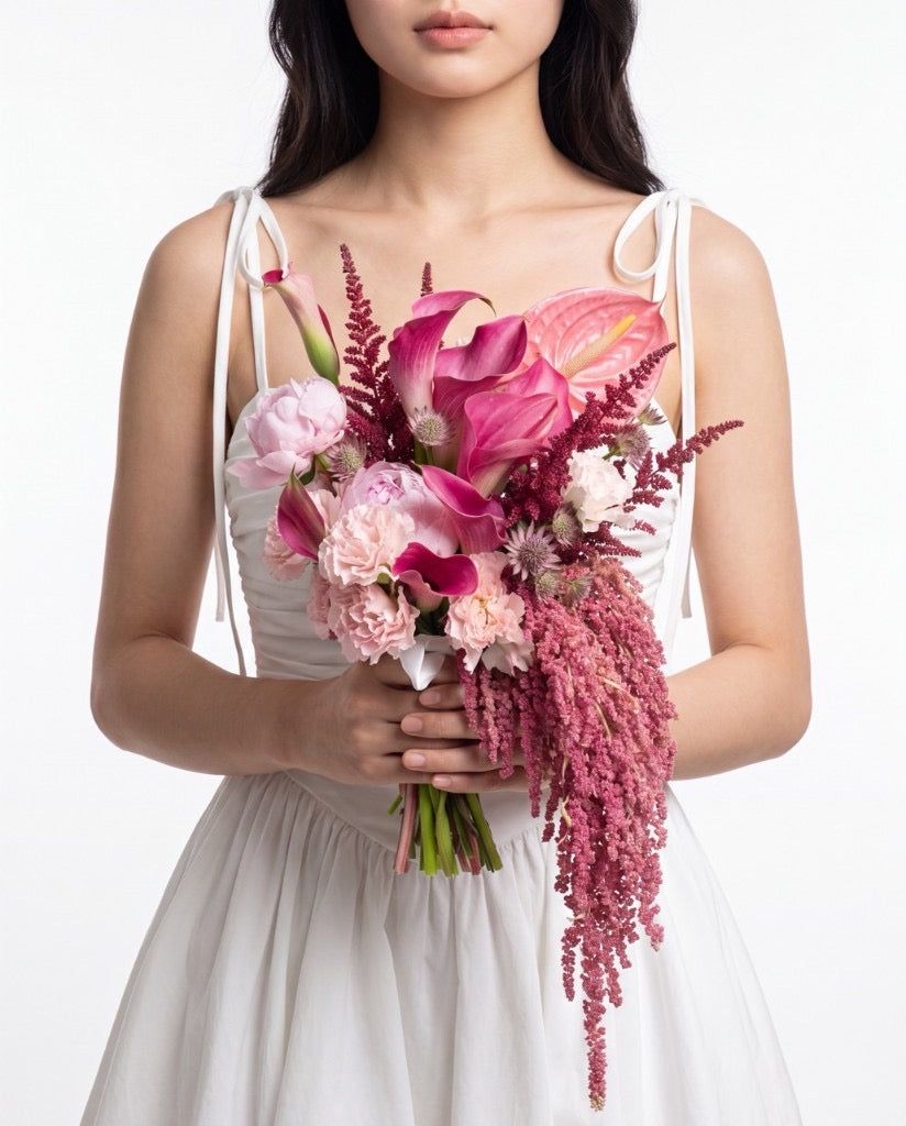 Magenta Calla & Anthurium Bridal Bouquet — Magenta Calla Lilies, Pink Anthuriums, Carnations, And Hanging Amaranthus | Windflower Florist Singapore