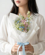 Meadow Whisper Hand Bouquet — blue delphinium, pink matthiola, oxypetalum, queen anne's lace | Windflower Florist Singapore