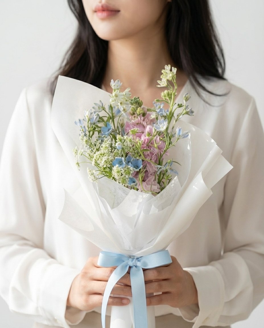 Meadow Whisper Hand Bouquet — blue delphinium, pink matthiola, oxypetalum, queen anne's lace | Windflower Florist Singapore