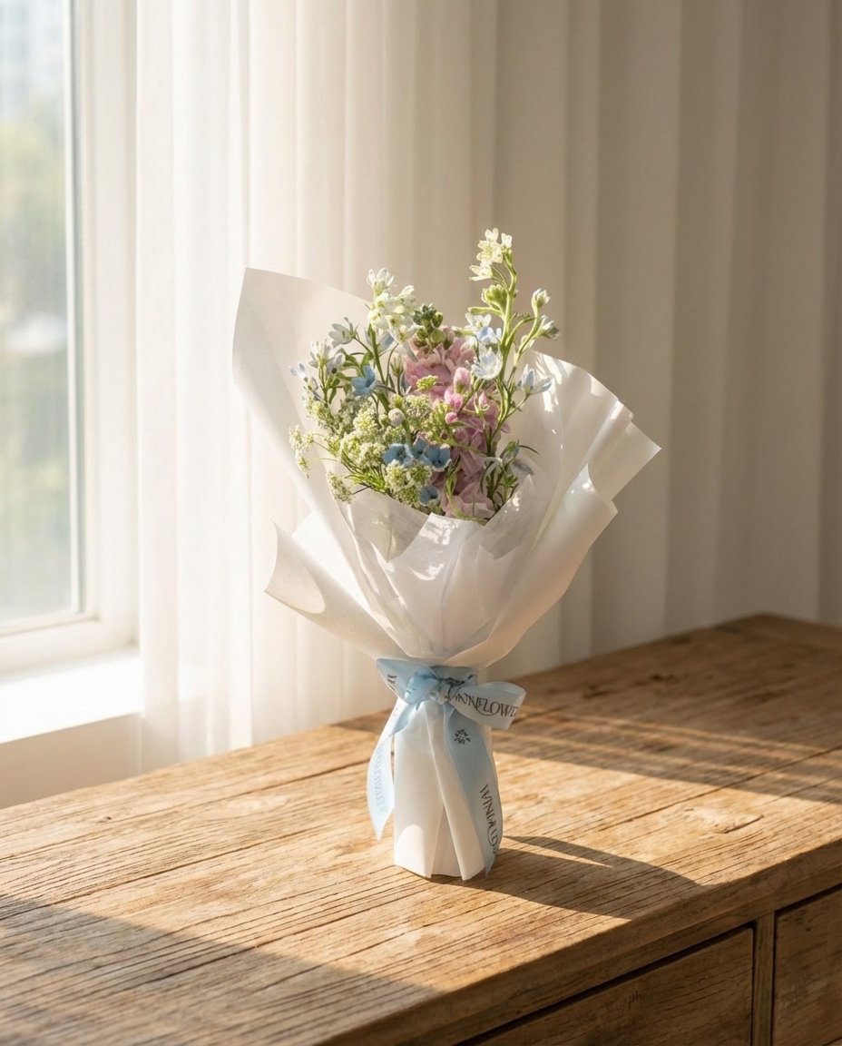 Meadow Whisper Hand Bouquet — blue delphinium, pink matthiola, oxypetalum, queen anne's lace | Windflower Florist Singapore