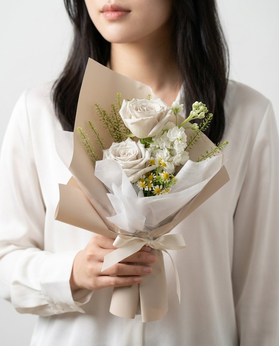 Menta Rosette Hand Bouquet — menta roses, white matthiola, chamomile, caspia | Windflower Florist Singapore