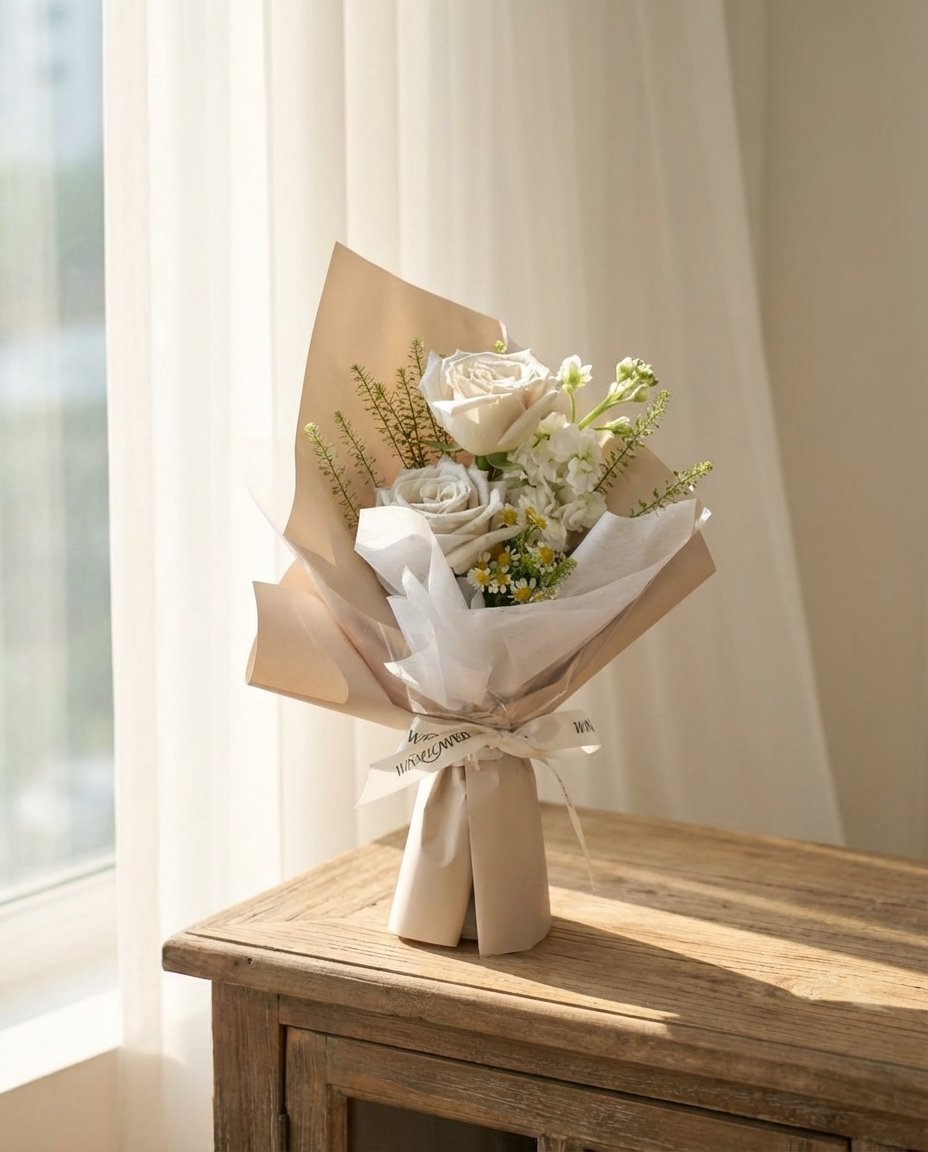 Menta Rosette Hand Bouquet — menta roses, white matthiola, chamomile, caspia | Windflower Florist Singapore