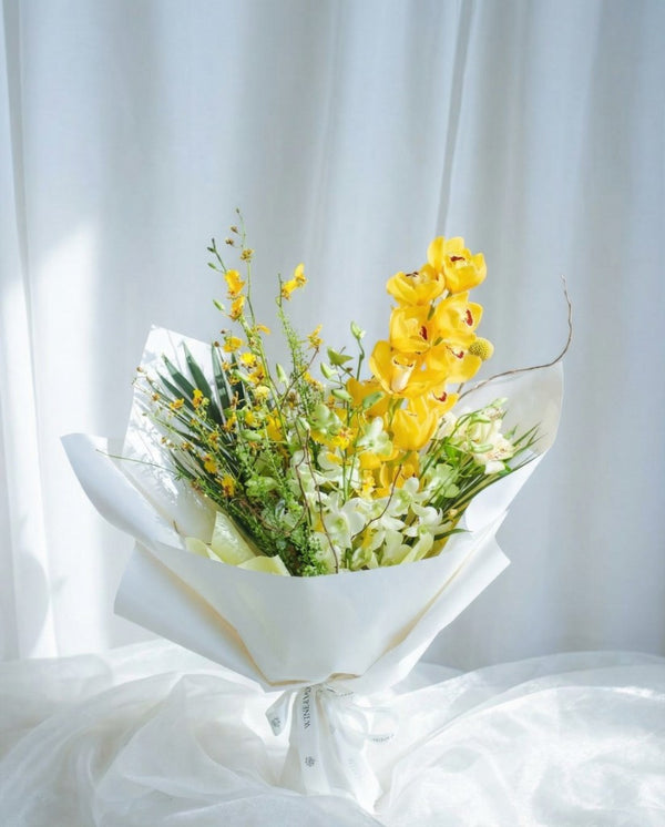 Orchid Sunshine Bouquet — Yellow Cymbidium and Dendrobium | Windflower Florist Singapore