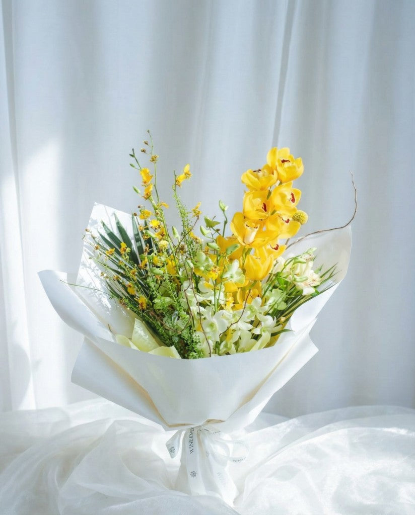 Orchid Sunshine Bouquet — Yellow Cymbidium and Dendrobium | Windflower Florist Singapore